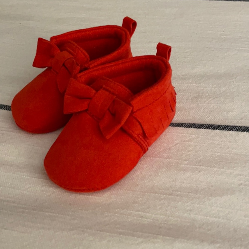 0-3 mo red suede baby moccasins